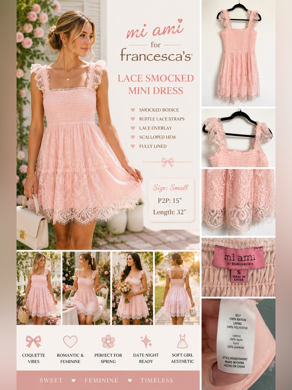 Mi Ami for Francesca’s Pink Lace Smocked Mini Dress Size Small